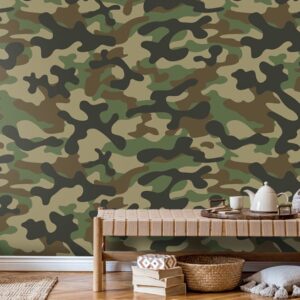 Military camouflage wallpaper with army green pattern for modern and industrial interior walls