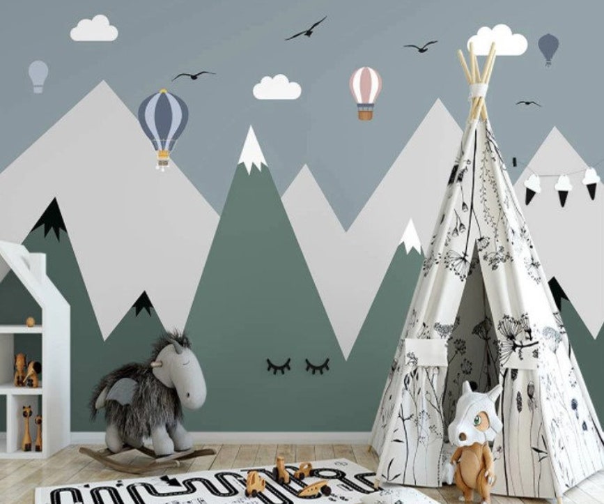 Mountain Nursery Mural Balloons & Birds Wallpaper Mountain Nursery Mural Balloons & Birds Wallpaper - Image 1