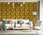 Mustard Yellow Wallpaper with Heron Pattern