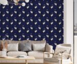 Navy Blue Chinoiserie Wallpaper with Heron Pattern