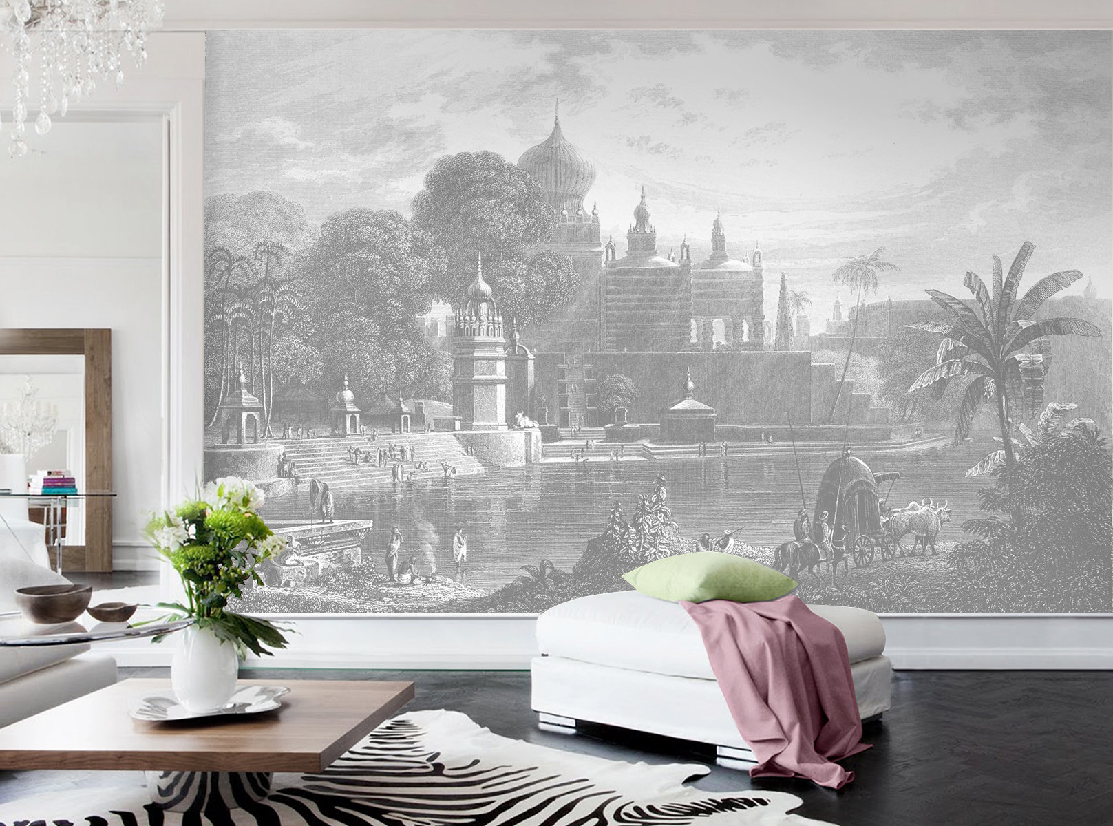 Palace View Mural Wallpaper: Sepia Gray Vintage Decor Palace View Mural Wallpaper: Sepia Gray Vintage Decor - Image 1