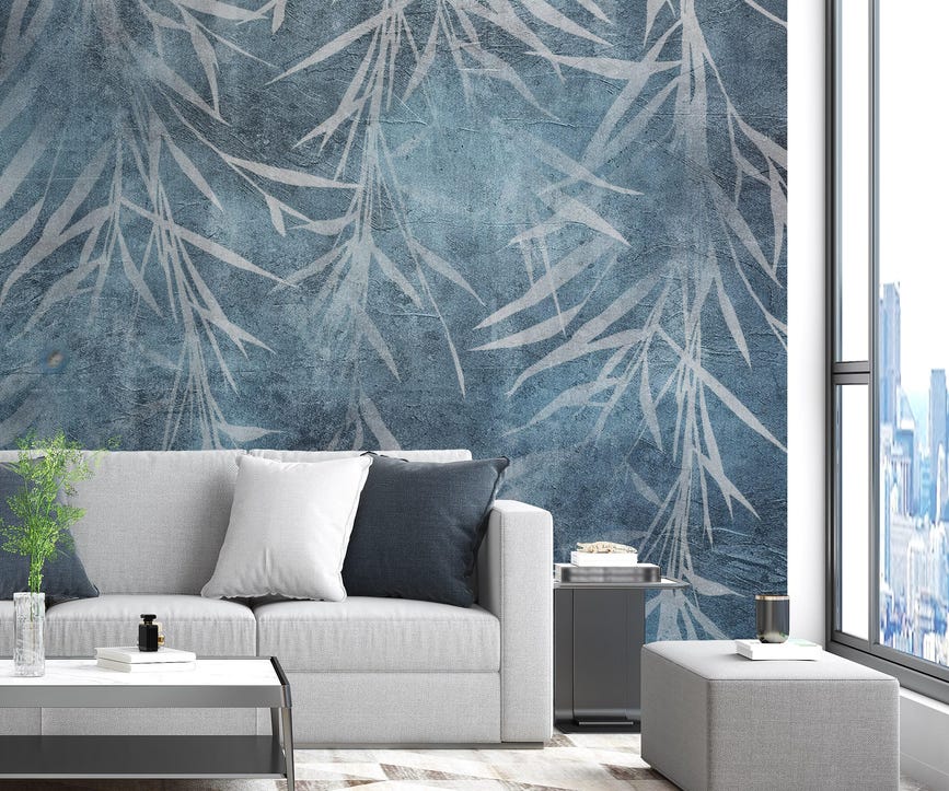 Premium 3D Wall Mural Printing in UAE Blue Background Gray Tropical Leaves - Image 1