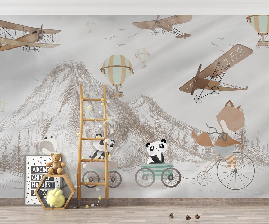 Custom Luxury 3D Kids Wallpaper Design by ArtWalls Mountain Balloons Wallpaper Child's Room Mural - Image 1