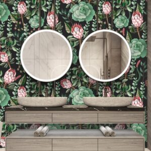 "Wall mural of tropical Protea flower with dense green botanical leaves - natural plant background for home decor"