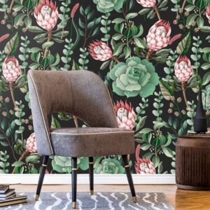 "Wall mural of tropical Protea flower with dense green botanical leaves - natural plant background for home decor"