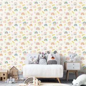 Pastel rainbow heart wallpaper mural for kids bedroom wall décor with colorful playful pattern