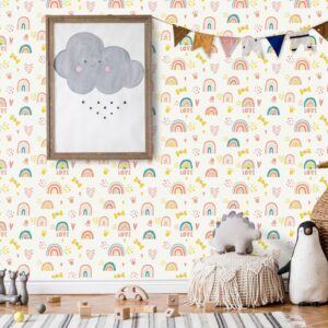 Pastel rainbow heart wallpaper mural for kids bedroom wall décor with colorful playful pattern