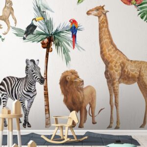 Safari animals wall decals for nursery featuring a giraffe, zebra, and monkey with tropical birds and palm trees above a white crib.