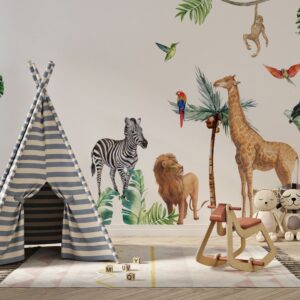 Safari animals wall decals for nursery featuring a giraffe, zebra, and monkey with tropical birds and palm trees above a white crib.
