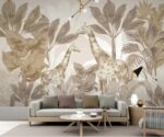 Safari animals wallpaper mural with giraffes and jungle palm trees in soft beige tones for modern living room décor