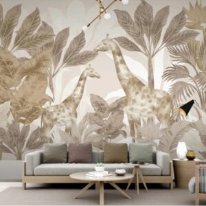 Safari animals wallpaper mural with giraffes and jungle palm trees in soft beige tones for modern living room décor
