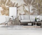 Safari animals wallpaper mural with giraffes and jungle palm trees in soft beige tones for modern living room décor