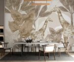 Safari animals wallpaper mural with giraffes and jungle palm trees in soft beige tones for modern living room décor