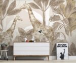 Safari animals wallpaper mural with giraffes and jungle palm trees in soft beige tones for modern living room décor