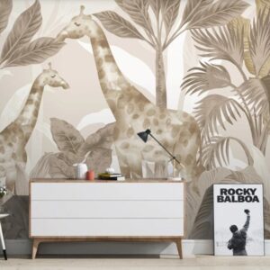 Safari animals wallpaper mural with giraffes and jungle palm trees in soft beige tones for modern living room décor