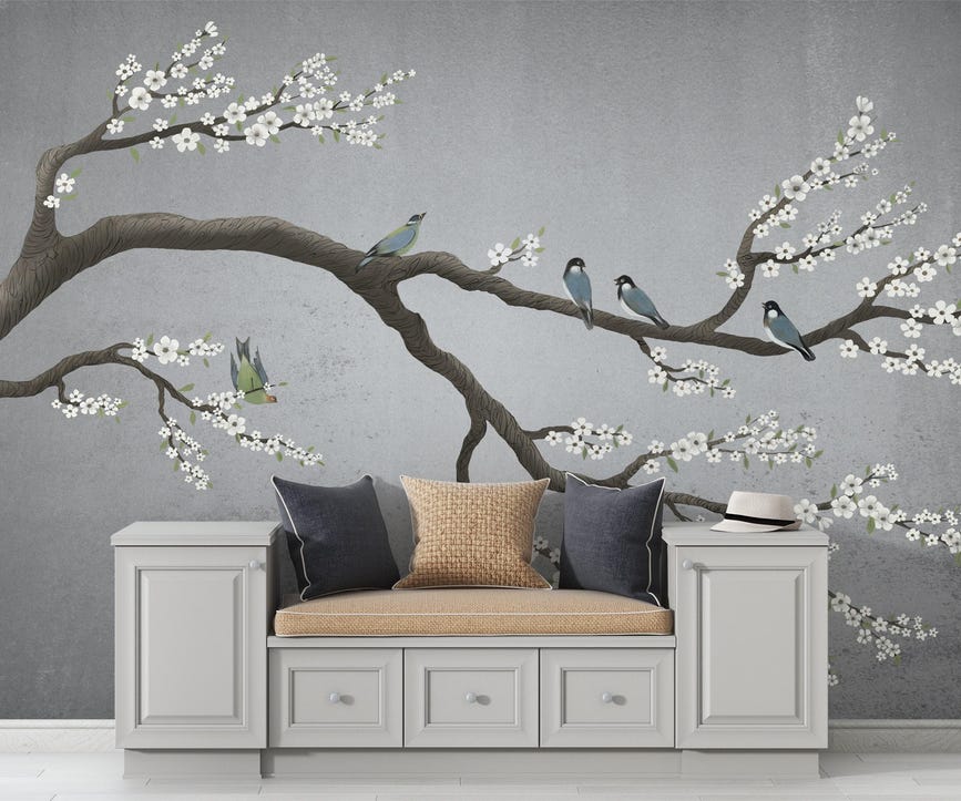 Sakura Branch Wallpaper, Birds Wall Mural Sakura Branch Wallpaper, Birds Wall Mural - Image 1