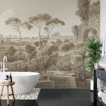 Sepia Italian Landscape Mural:  Temple Ruins Wall Decor