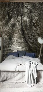 Sepia Southern Swamp Forest Mural:  Floral Wallpaper with Tropical Birds - Image 3