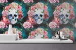 Skull Floral Removable Wallpaper: Boho Halloween Wall Art