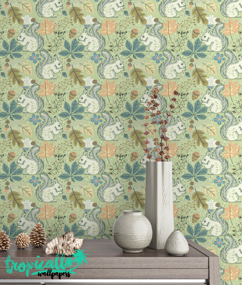 Squirrel & Forest Plants Removable Wallpaper - Exotic Wall Decor Squirrel & Forest Plants Removable Wallpaper - Exotic Wall Decor - Image 1