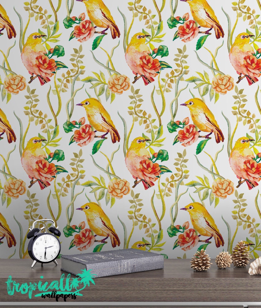 Exotic Birds Removable Wallpaper - Tropical Floral Wall Decor Exotic Birds Removable Wallpaper - Tropical Floral Wall Decor - Image 1