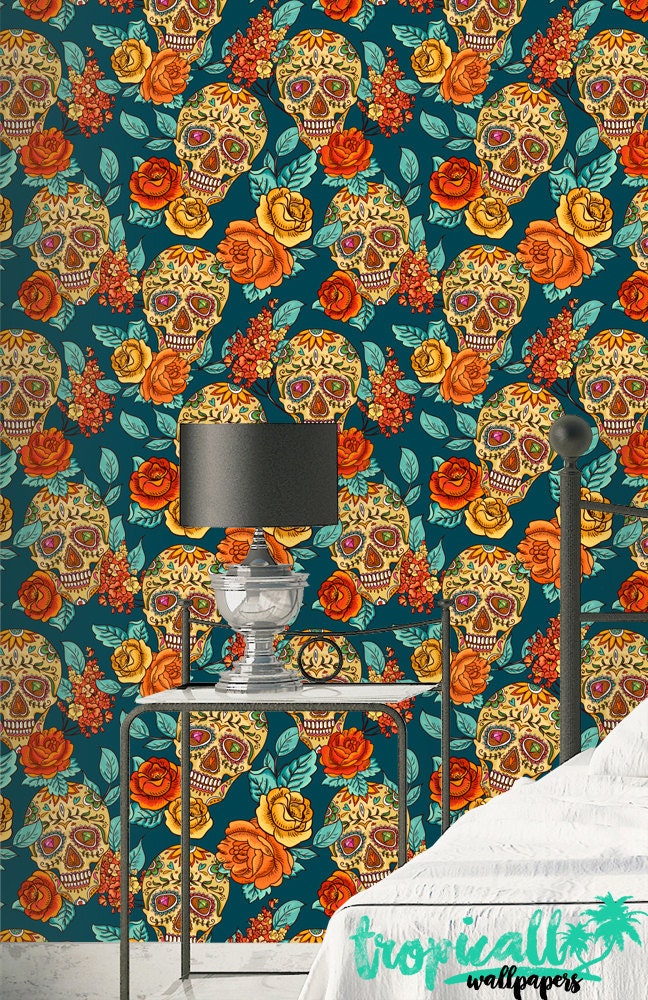 Sugarskull Floral Wallpaper: Boho Wall Art Sugarskull Floral Wallpaper: Boho Wall Art - Image 1