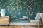 Teal Chinoiserie Heron Wallpaper:  Mural