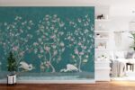 Teal  Wallpaper: Crane & Heron Floral Chinoiserie Mural - Image 2