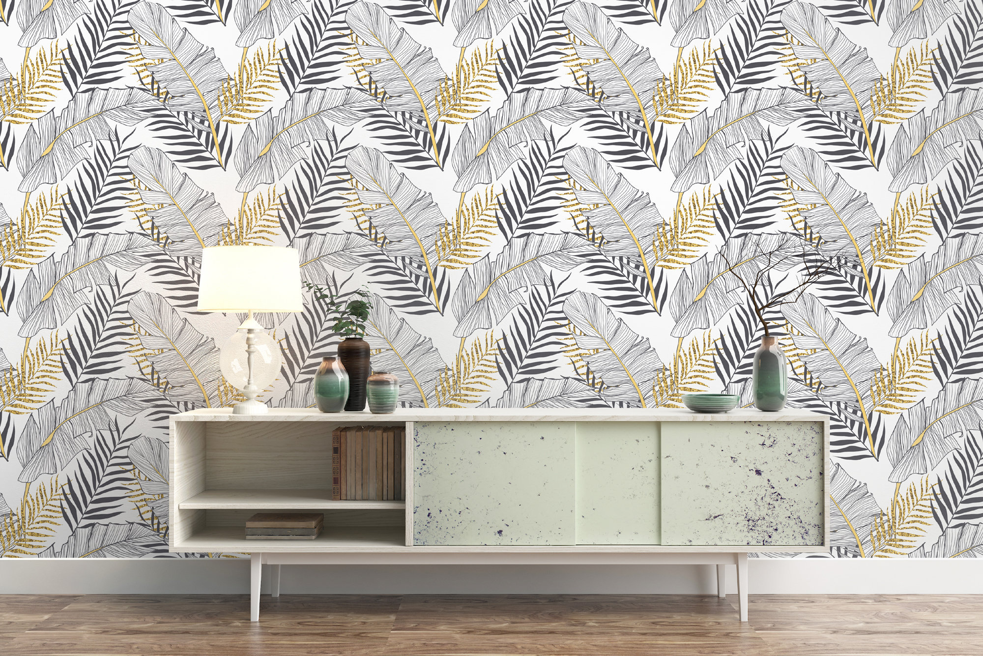 Tropical Gold Leaf Wallpaper: Removable Wall Decal Tropical Gold Leaf Wallpaper: Removable Wall Decal - Image 1