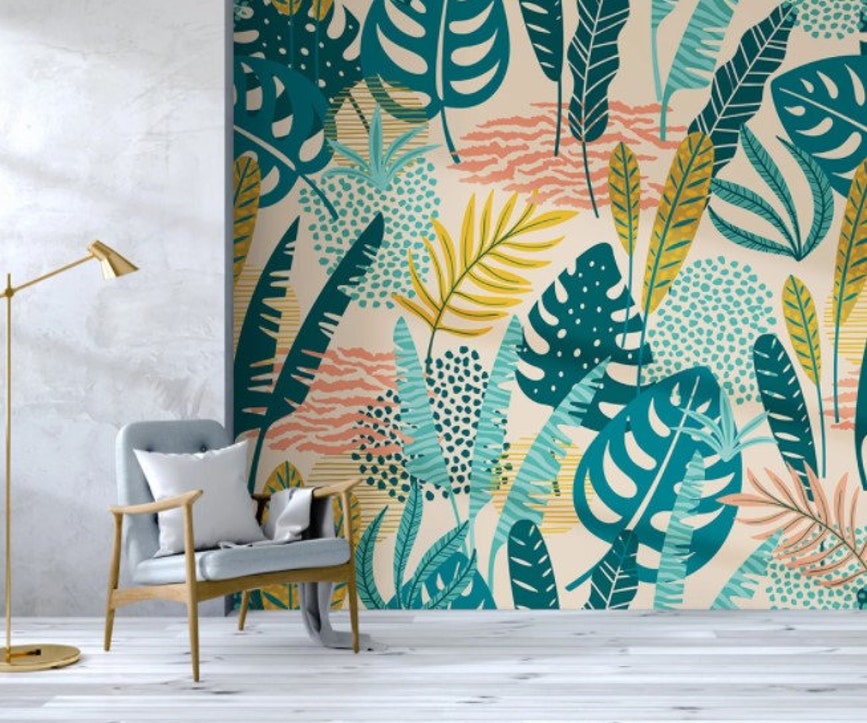 Tropical Leaves Wallpaper Mural – Modern Botanical Wall Art Tropical Leaves Wallpaper Watercolor Floral Wall Mural - Image 1