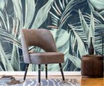 Green watercolor tropical palm leaves wallpaper mural with artistic botanical design, luxury wall decor for modern interiors