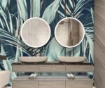 Green watercolor tropical palm leaves wallpaper mural with artistic botanical design, luxury wall decor for modern interiors
