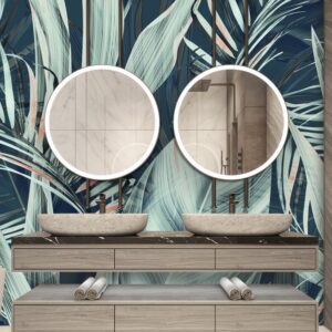 Green watercolor tropical palm leaves wallpaper mural with artistic botanical design, luxury wall decor for modern interiors