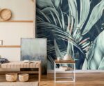 Green watercolor tropical palm leaves wallpaper mural with artistic botanical design, luxury wall decor for modern interiors