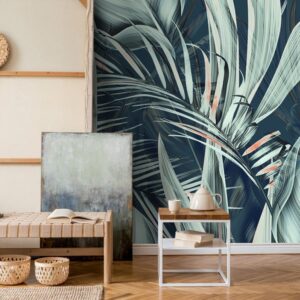 Green watercolor tropical palm leaves wallpaper mural with artistic botanical design, luxury wall decor for modern interiors