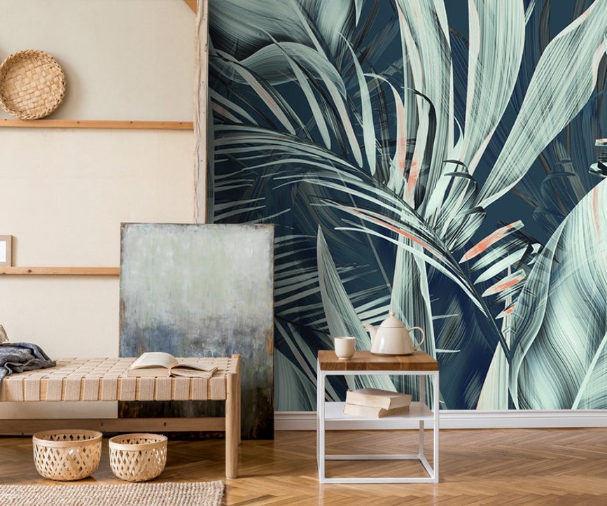 Tropical Palm Leaves Wallpaper Green Watercolor Wall Mural Green watercolor tropical palm leaves wallpaper mural with artistic botanical design, luxury wall decor for modern interiors