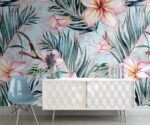 Tropical Pink Flowers Wallpaper Botanical Palm Leaf Mural - Image 2