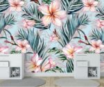 Tropical Pink Flowers Wallpaper Botanical Palm Leaf Mural - Image 4
