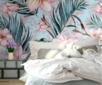 Tropical Pink Flowers Wallpaper Botanical Palm Leaf Mural - Image 3