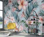 Tropical Pink Flowers Wallpaper Botanical Palm Leaf Mural