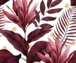Tropical plant leaves wallpaper mural with burgundy and blush botanical design, luxury tropical wall decor for modern interiors