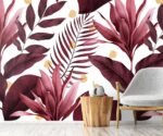 Tropical plant leaves wallpaper mural with burgundy and blush botanical design, luxury tropical wall decor for modern interiors