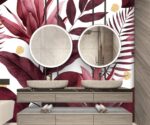 Tropical plant leaves wallpaper mural with burgundy and blush botanical design, luxury tropical wall decor for modern interiors