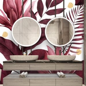 Tropical plant leaves wallpaper mural with burgundy and blush botanical design, luxury tropical wall decor for modern interiors
