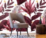 Tropical plant leaves wallpaper mural with burgundy and blush botanical design, luxury tropical wall decor for modern interiors