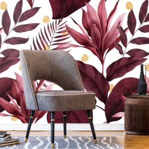 Tropical plant leaves wallpaper mural with burgundy and blush botanical design, luxury tropical wall decor for modern interiors