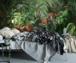 Tropical rainforest wallpaper with exotic green leaves, luxury jungle wall mural for modern living room and interior decor