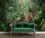 Tropical rainforest wallpaper with exotic green leaves, luxury jungle wall mural for modern living room and interior decor