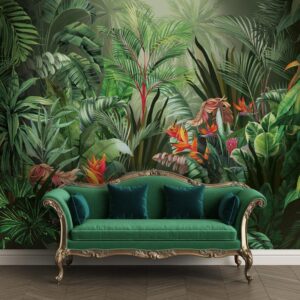 Tropical rainforest wallpaper with exotic green leaves, luxury jungle wall mural for modern living room and interior decor