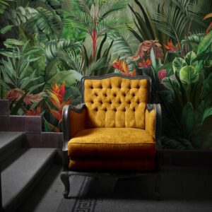 Tropical rainforest wallpaper with exotic green leaves, luxury jungle wall mural for modern living room and interior decor